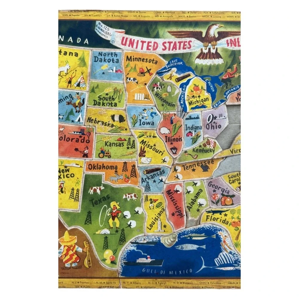 Vintage 1950s United States Map Inlay Puzzle‎ by Saalfield USA Educational Toy